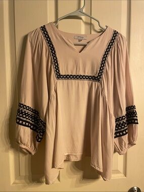 Polagram Cream Peasant Blouse with Black Embroidery